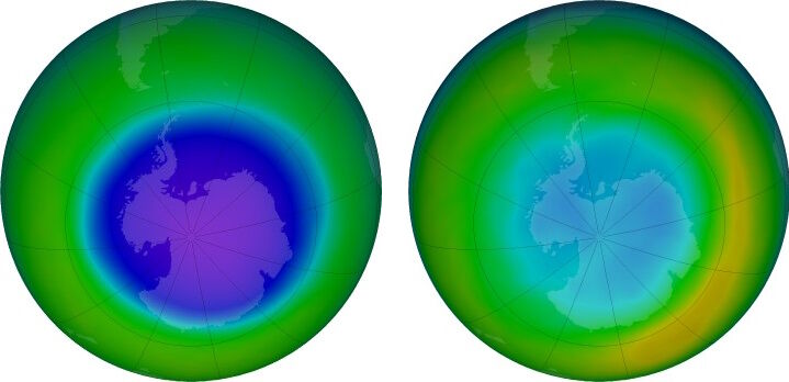 Zdj. 1. Dziura ozonowa nad Antarktydą w październiku 2022 roku (po lewej) i w sierpniu 2024 roku (po prawej).